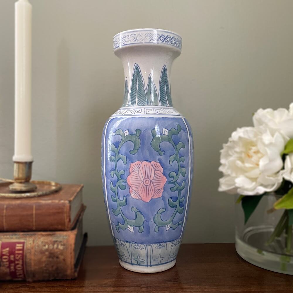 Vintage Tall 12" Chinese Hand Painted Porcelain Baluster Vase - Floral Peony